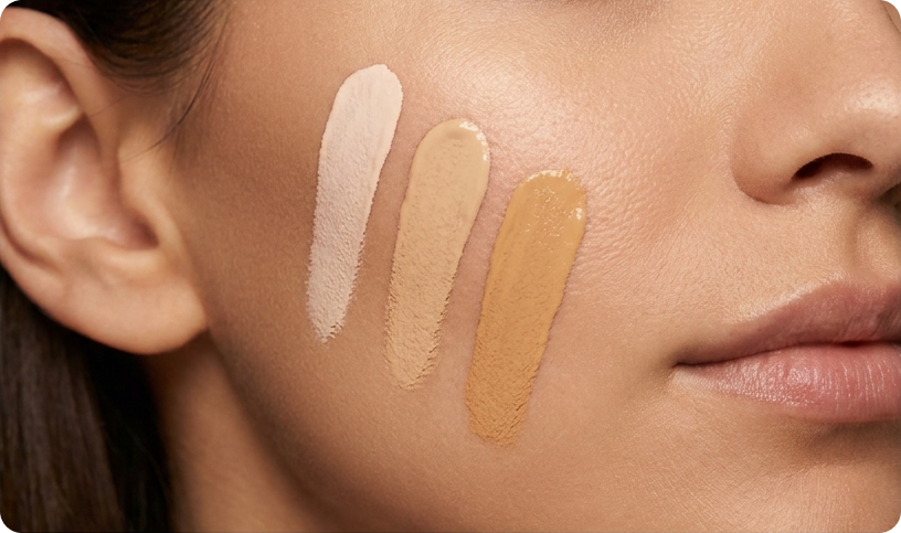 Three foundation swatches applied along the jawline in light, medium, and darker shades
